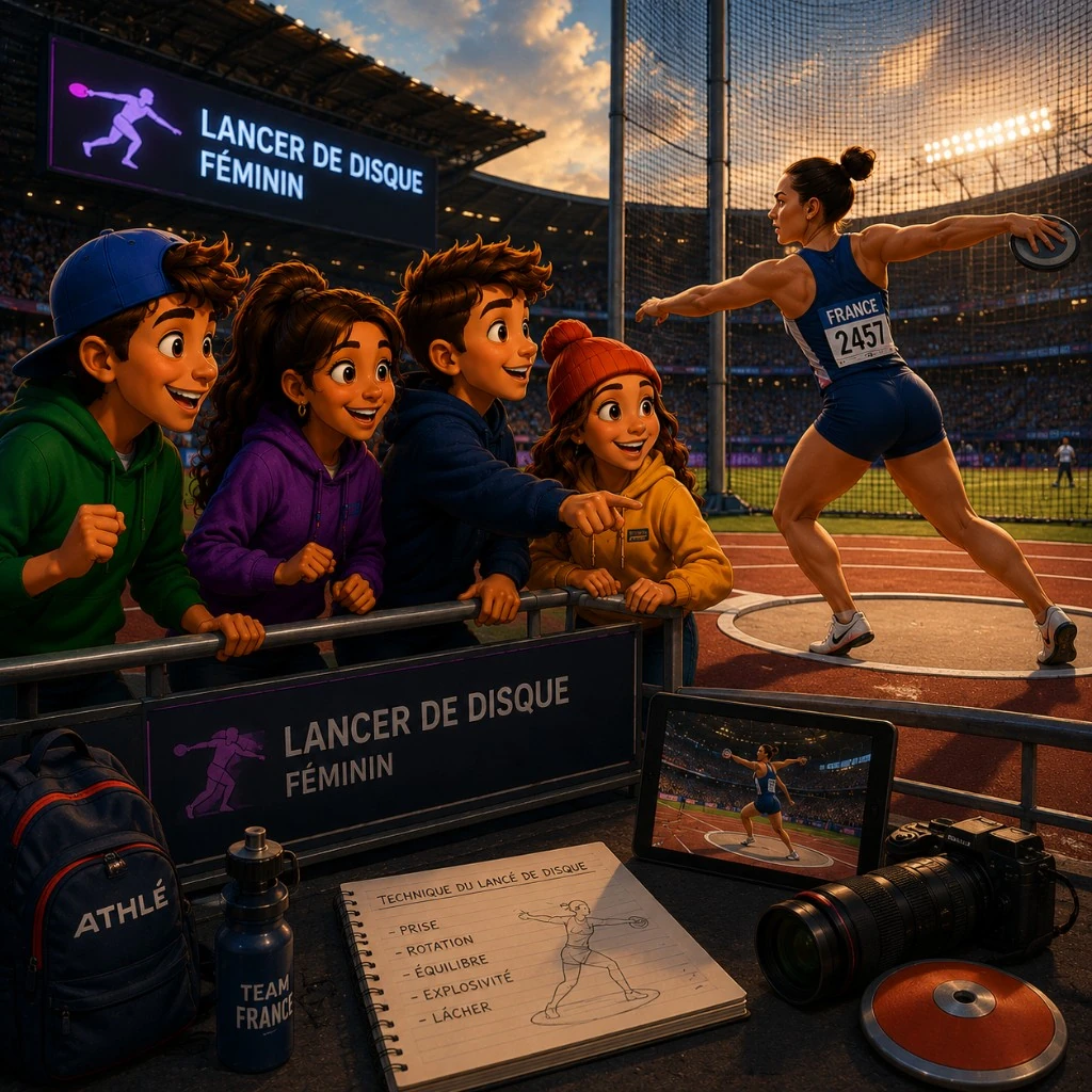 Illustration : lancer du disque féminin, athlète équipe de France et enfants au bord du stade