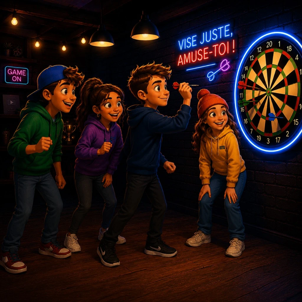 Illustration : Hugo, Léa, Antoine et Morgane en partie de fléchettes
