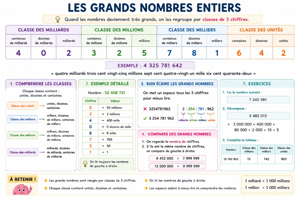 Mémo visuel sur les grands nombres entiers, les classes de milliards, millions, milliers et unités.
