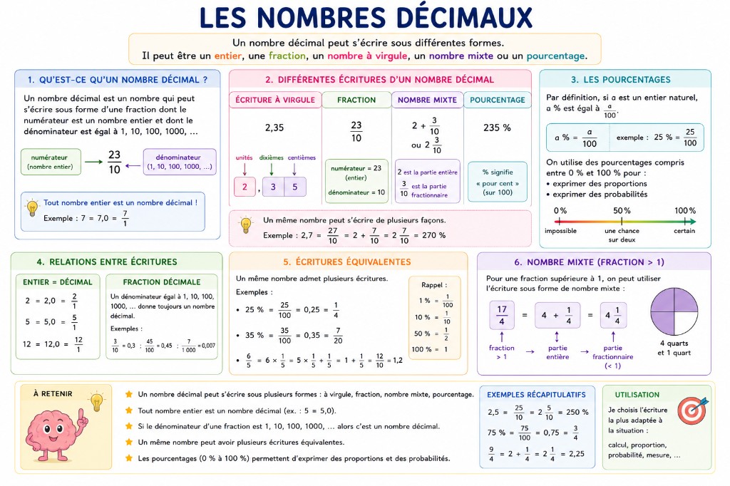 Mémo visuel sur les nombres décimaux et leurs écritures : fractions, nombres mixtes et pourcentages.