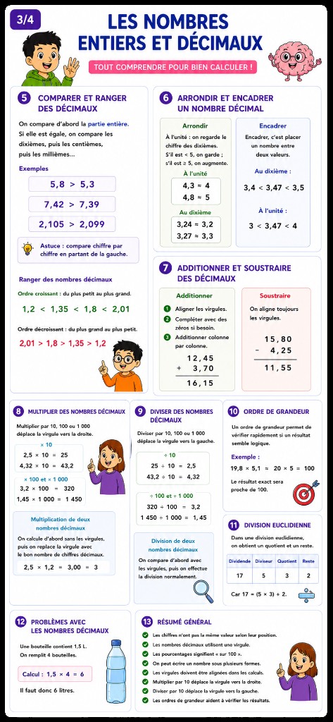 Infographie Mémo — Comparer et ranger les décimaux, arrondir et encadrer, addition et soustraction, multiplication et division décimales et par 10-100-1000, ordre de grandeur, division euclidienne, problème sur les décimaux et résumé des règles.