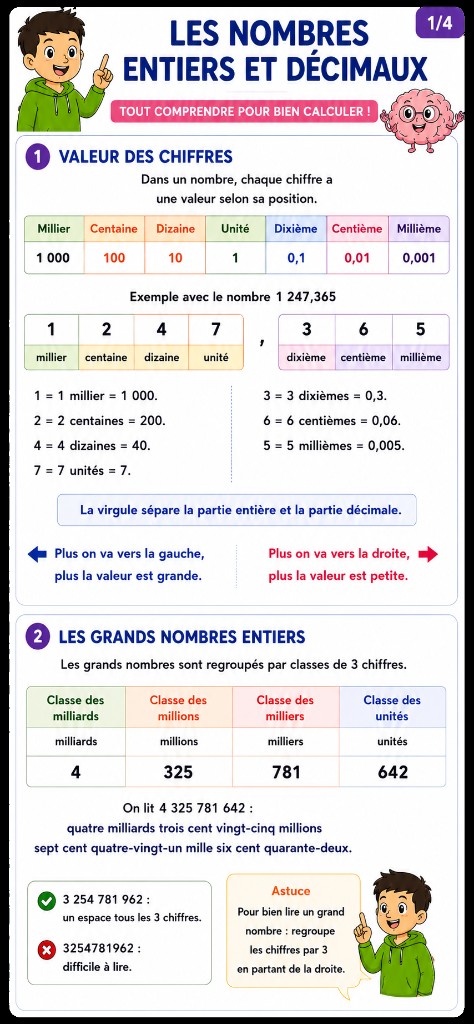 Infographie Mémo — Les nombres entiers et décimaux : valeur des positions, exemple décimal avec virgule, lecture des grands nombres par classes de trois chiffres.
